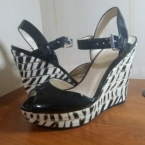 Patent Leather Faux Fur Zebra Open Toe Wedges